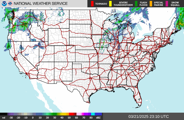 National radar overview for monitoring precipitation and storm movement.