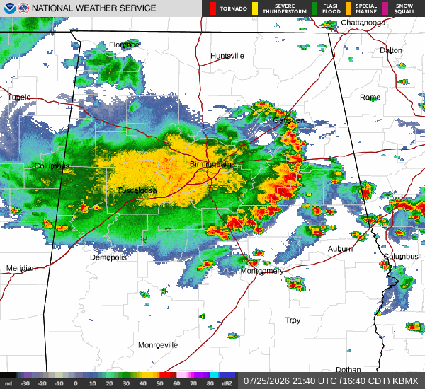 National Weather Service KBMX radar loop showing precipitation across central Alabama