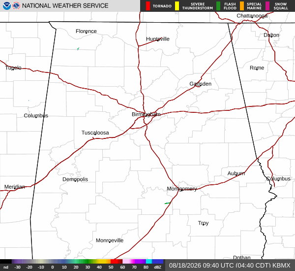 National Weather Service KBMX radar loop showing precipitation across central Alabama