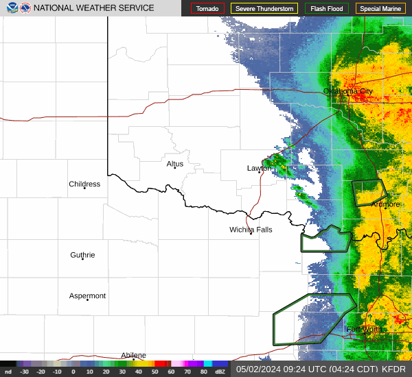 Click for latest Base Reflectivity radar image for the Southwest Oklahoma/Western North Texas radar