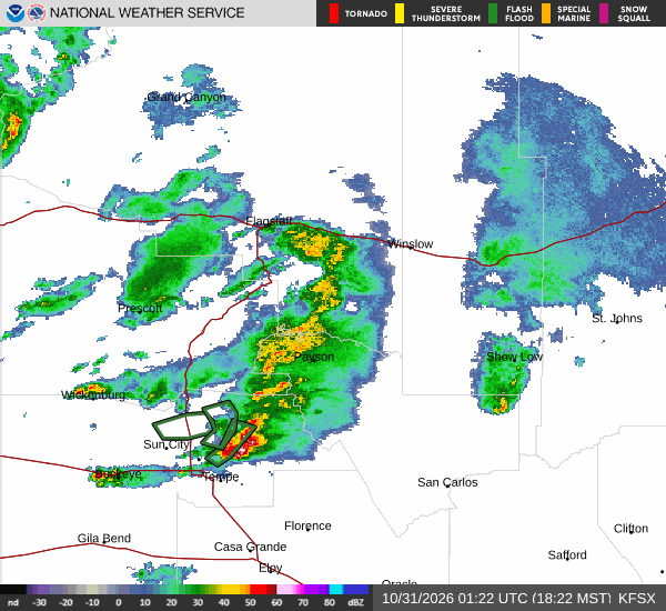 National Weather Service radar map covering Prescott and northern Arizona, with radar time and intensity scale