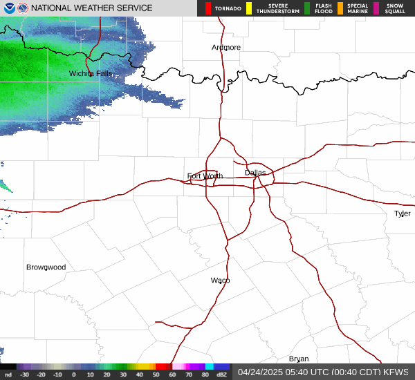 Click for latest Base Reflectivity radar image for the North Texas radar