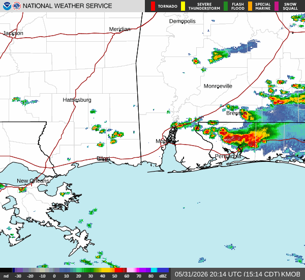 National Weather Service KMOB radar loop showing precipitation across south Alabama and the Florida panhandle
