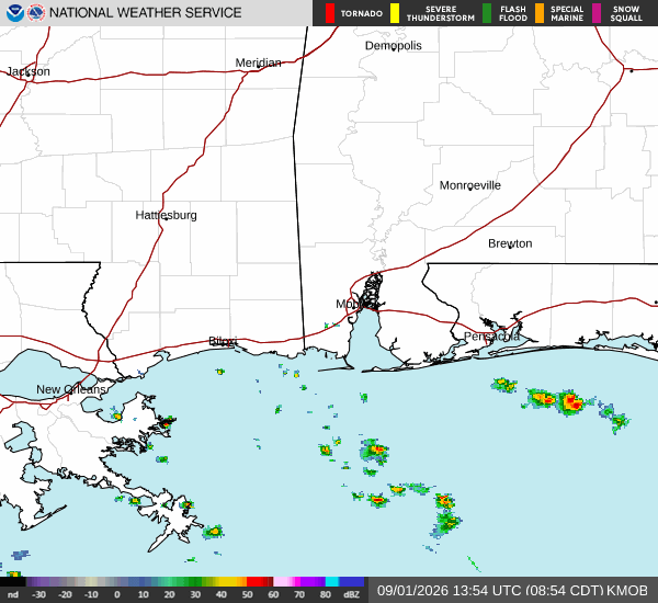 National Weather Service KMOB radar loop showing precipitation across south Alabama and the Florida panhandle