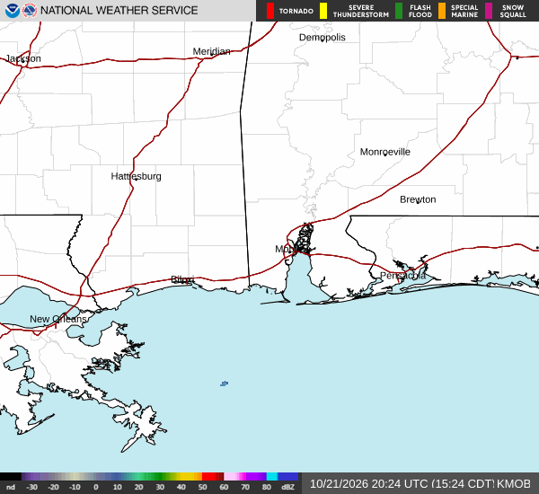 National Weather Service KMOB radar loop showing precipitation across south Alabama and the Florida panhandle