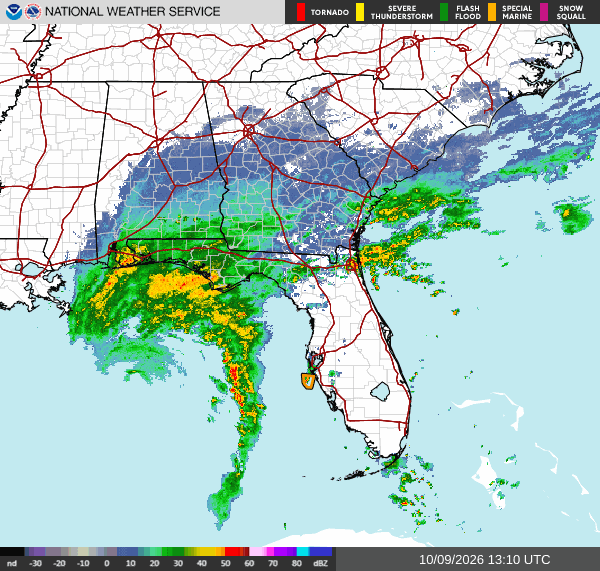 Animated regional radar loop for the Southeast