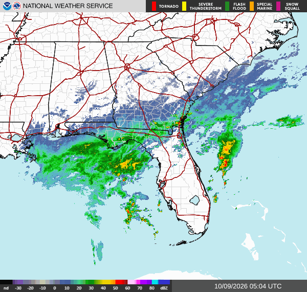 Animated regional radar loop for the Southeast