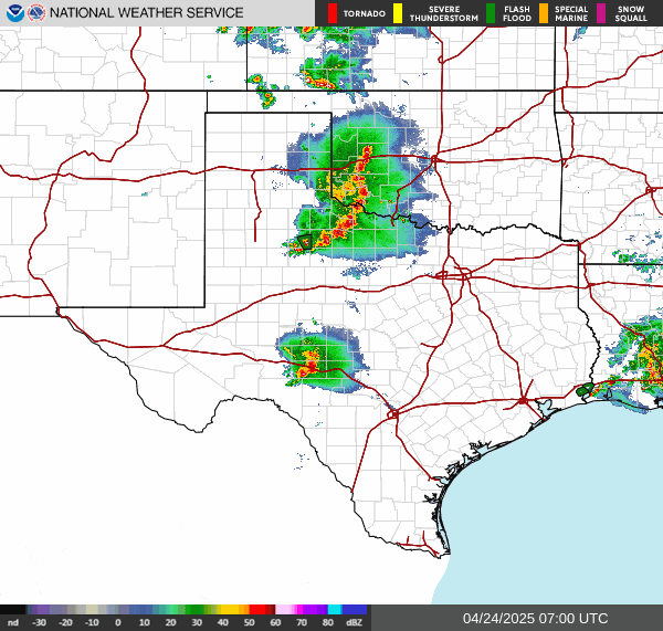 Click for latest Base Reflectivity radar image for the Southern U.S. Plains Region radar